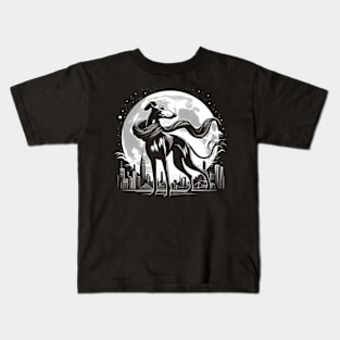 An elegant greyhound with a flowing scarf, standing against a moonlit city skyline Kids T-Shirt